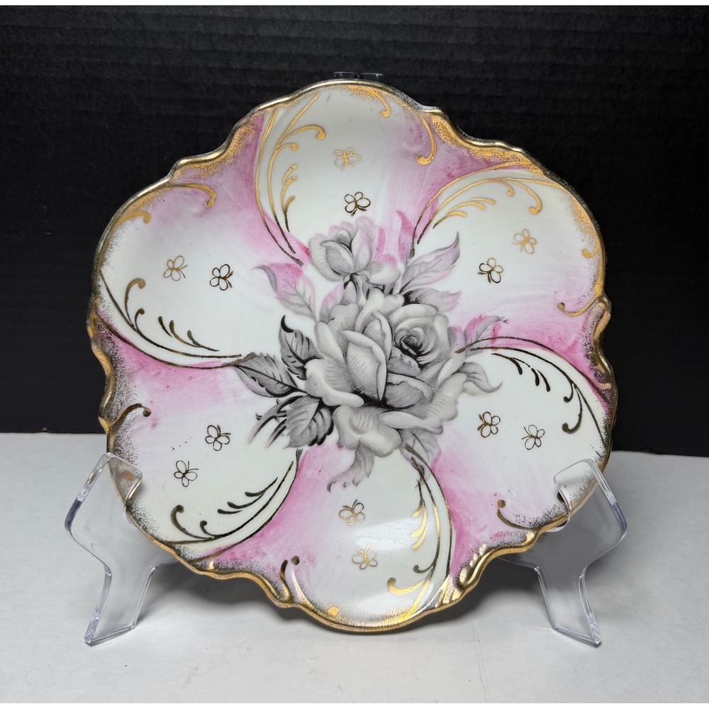 Vintage Trimont Ware Japan Pink Grey Rose Porcelain Scalloped Gold Gilt Bowl 8in